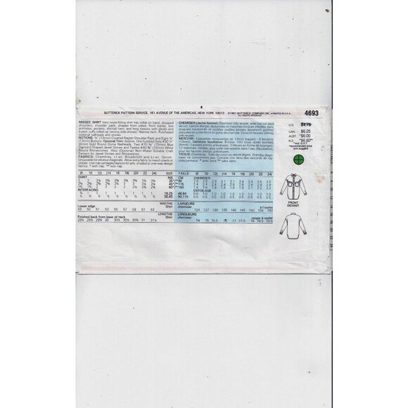 Butterick Misses Shirt Sewing Pattern 4693 Sizes 20-24 Long Sleeve Collared - Picture 2 of 2